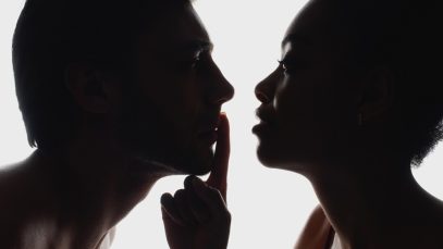 side view of silhouette of african american woman showing silence sign to boyfriend